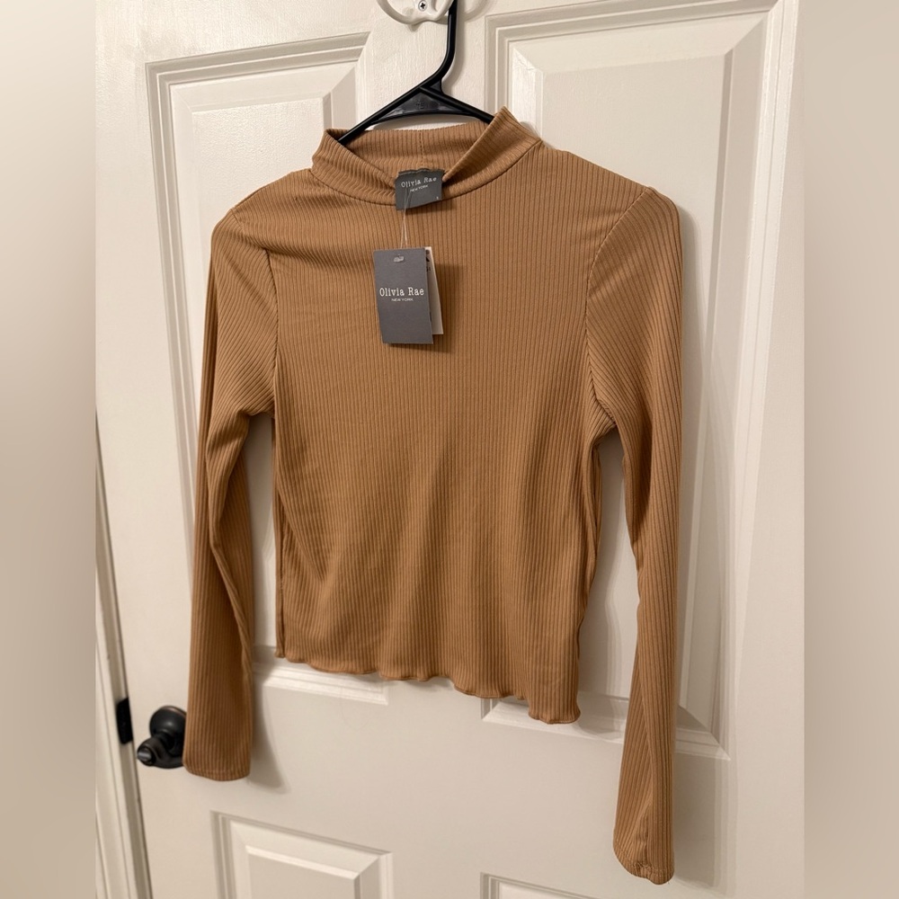 NWT Olivia Rae Tan Ribbed Long Sleeve Mock Neck Top